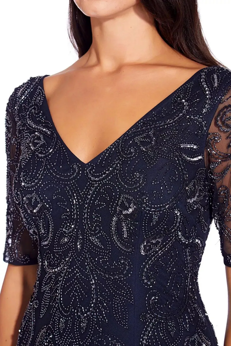 Adrianna Papell V-neck short illusion sleeve sequined & beaded zipper back mermaid hand beaded mesh gown