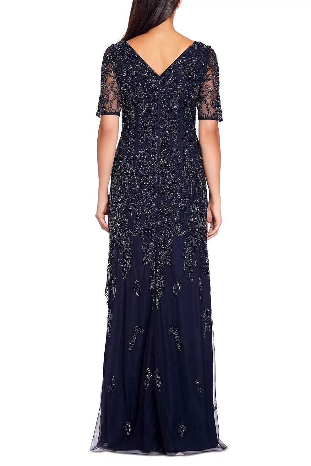 Adrianna Papell V-neck short illusion sleeve sequined & beaded zipper back mermaid hand beaded mesh gown
