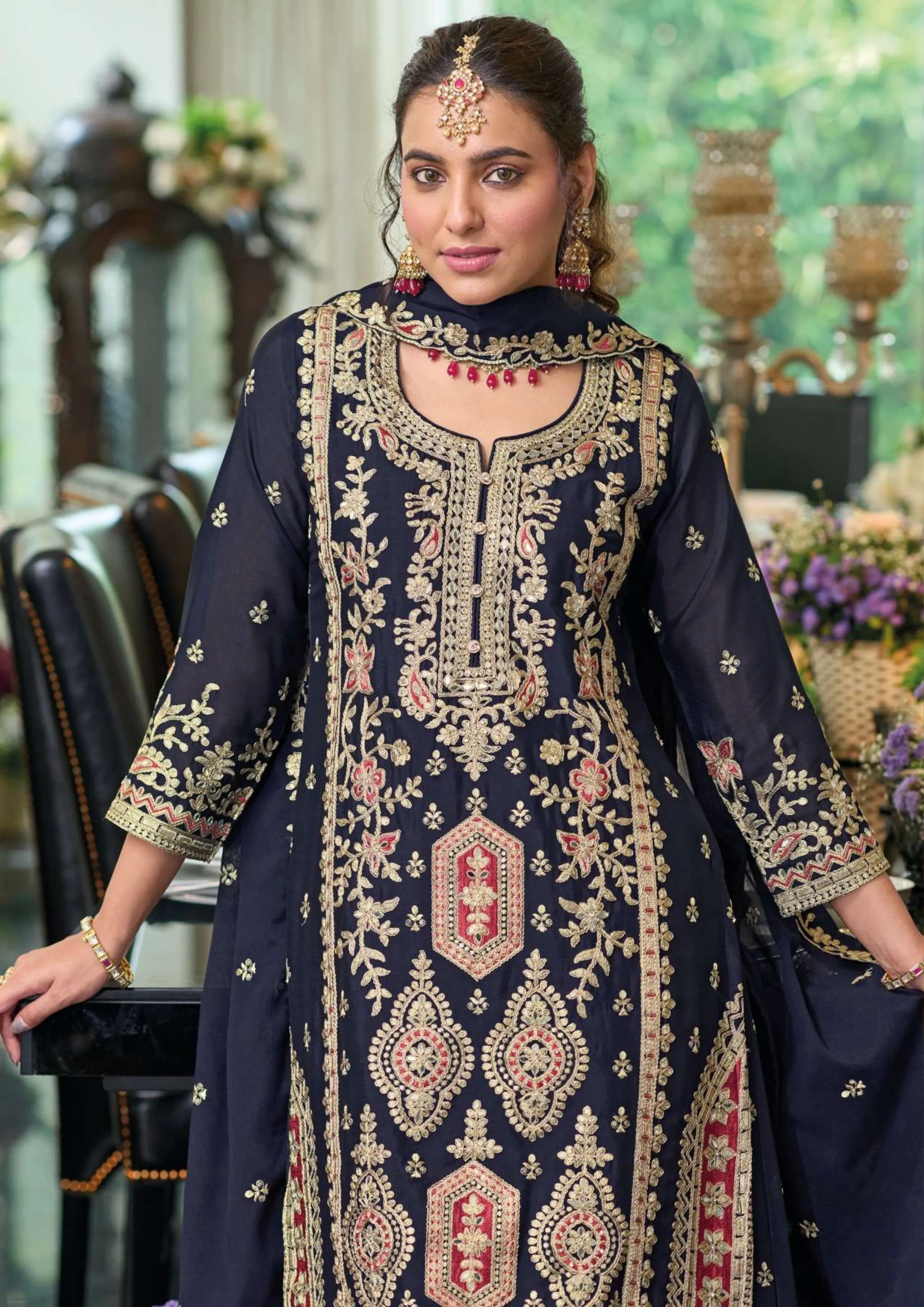 Alluring Designer Party Wear Gray Colored Palazzo Suits For Women