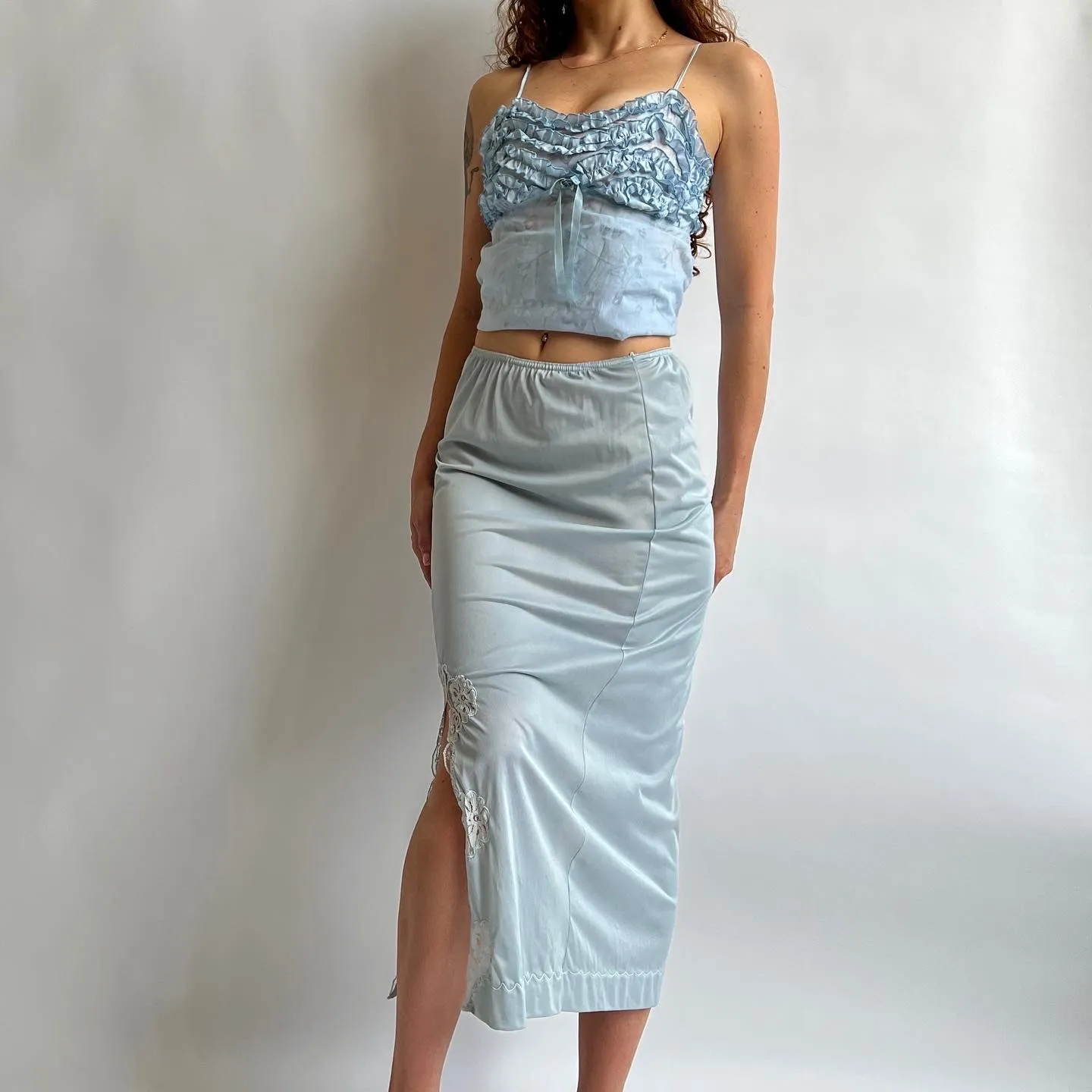 Baby blue hand dyed maxi slip skirt - S/M