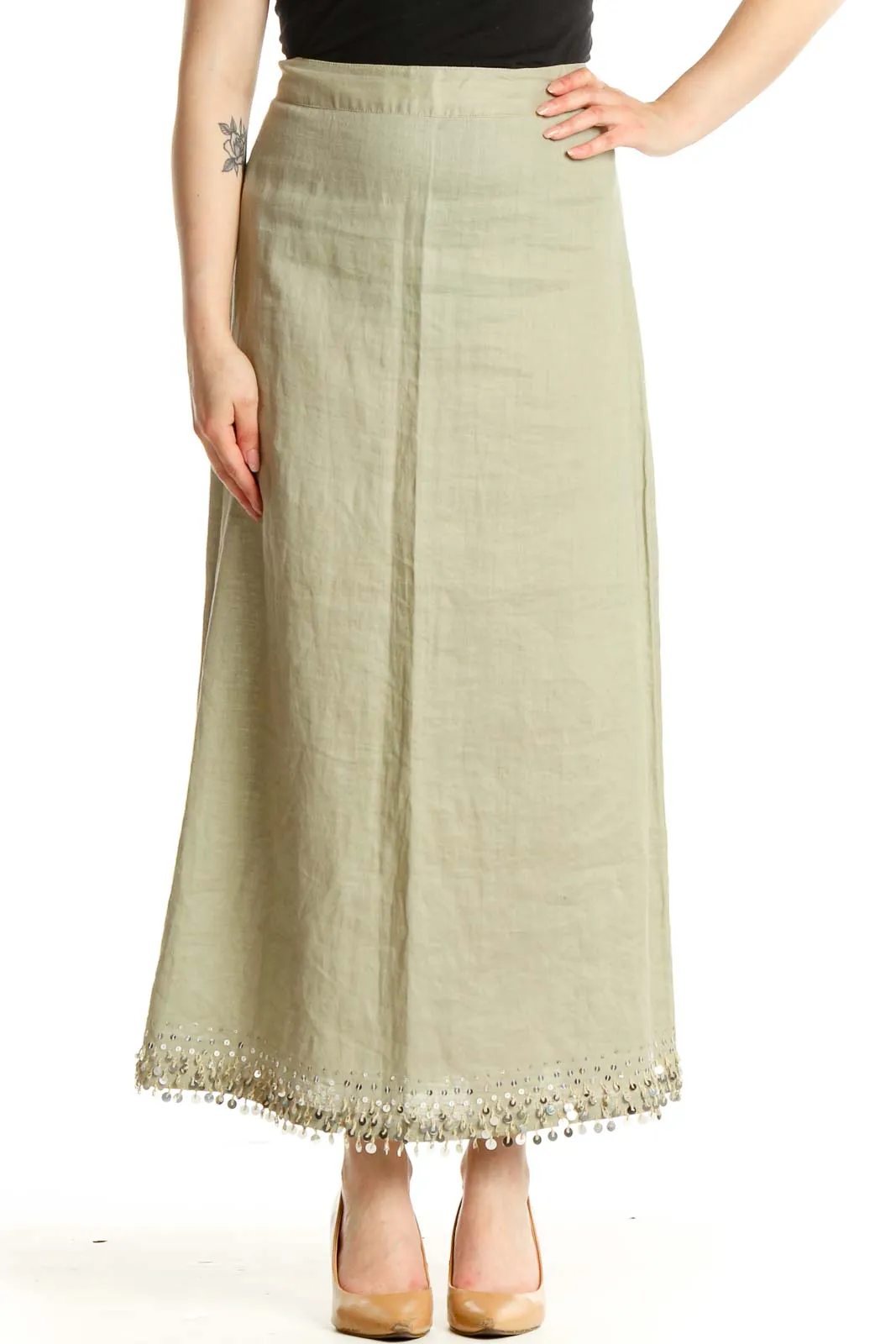 Beige Sequin Casual Straight Skirt