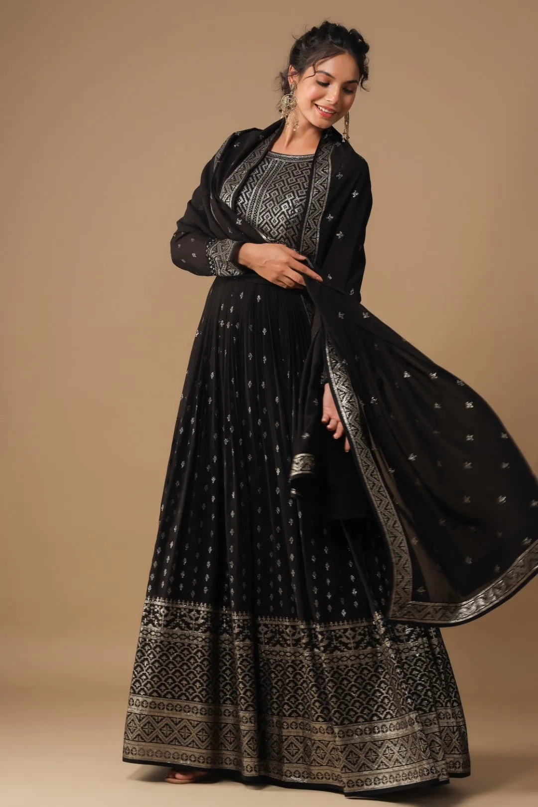 Black Sequin Embroidered Georgette Anarkali Set