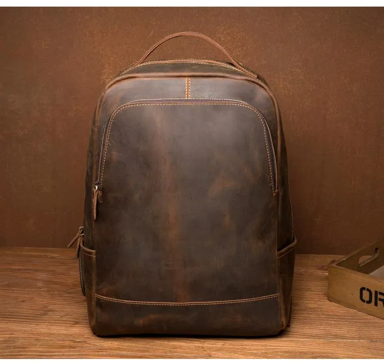 Brown Casual Mens Leather 16-inch Large Computer Backpack Travel Backpacks Laptop Backpack for men