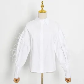 Casual Patchwork Feather Blouse For Women Lapel Lantern Sleeve White Solid Shirt Female Fashion Clothing