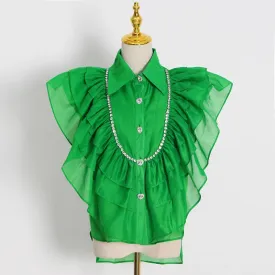 Casual Shirt For Women Lapel Sleeveless Solid Patchwork Ruffle Trim Blouses Female Summer Clothing Style