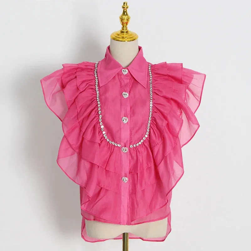 Casual Shirt For Women Lapel Sleeveless Solid Patchwork Ruffle Trim Blouses Female Summer Clothing Style