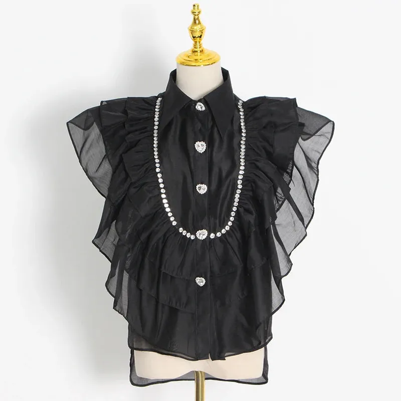 Casual Shirt For Women Lapel Sleeveless Solid Patchwork Ruffle Trim Blouses Female Summer Clothing Style