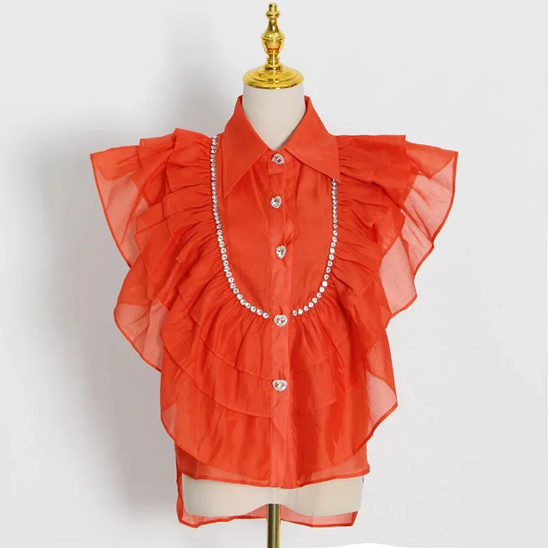 Casual Shirt For Women Lapel Sleeveless Solid Patchwork Ruffle Trim Blouses Female Summer Clothing Style