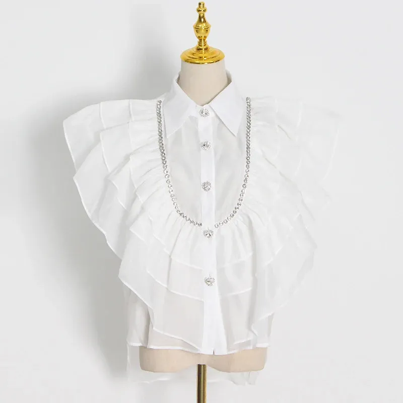 Casual Shirt For Women Lapel Sleeveless Solid Patchwork Ruffle Trim Blouses Female Summer Clothing Style