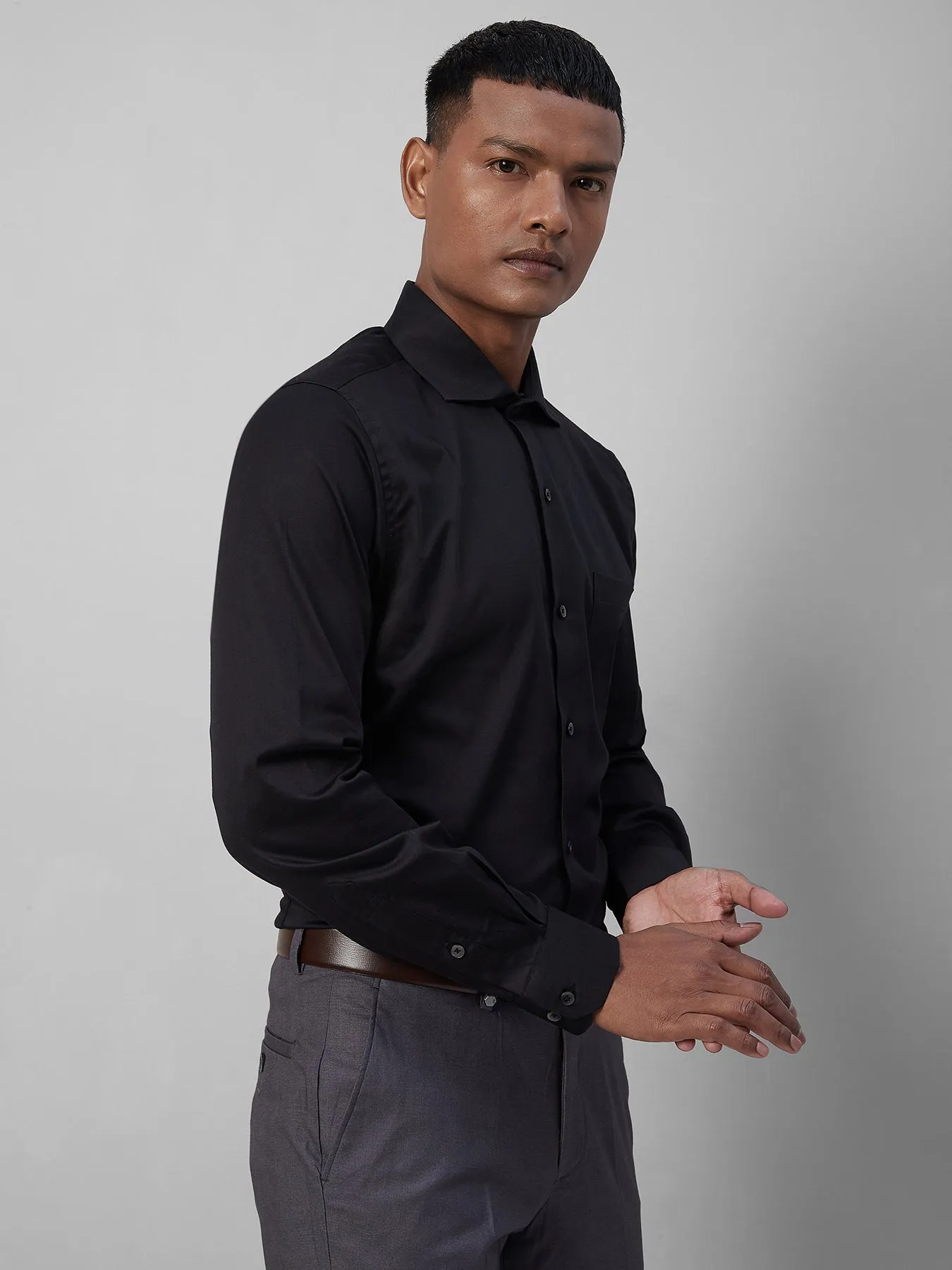 Cotton Stretch Black SLIM FIT Full Sleeve Formal Mens Plain Shirt