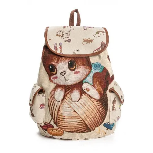Cute Cat Backpack Women Canvas Backpack Drawstring Printing Backpacks For Teenage Girls Large Capacity School Bag