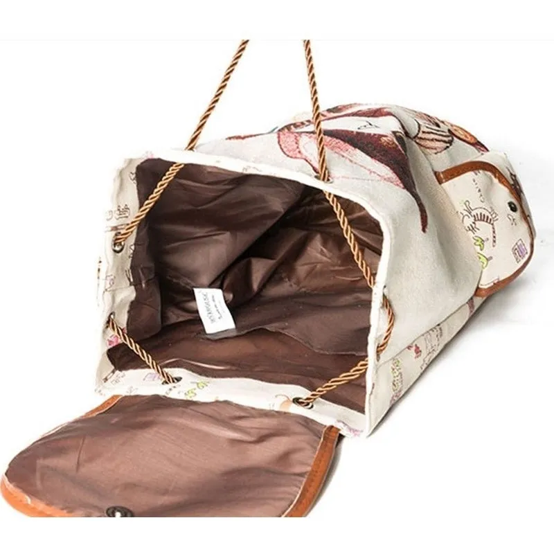 Cute Cat Backpack Women Canvas Backpack Drawstring Printing Backpacks For Teenage Girls Large Capacity School Bag