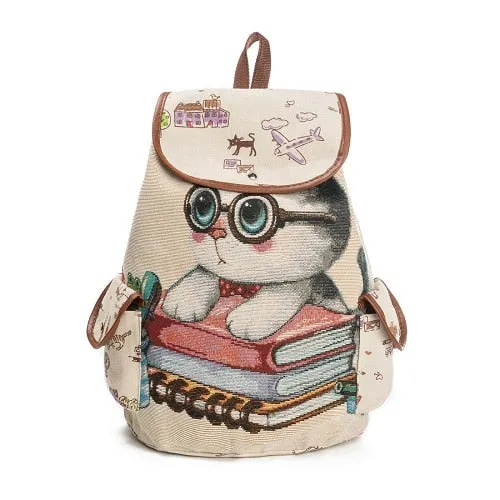 Cute Cat Backpack Women Canvas Backpack Drawstring Printing Backpacks For Teenage Girls Large Capacity School Bag