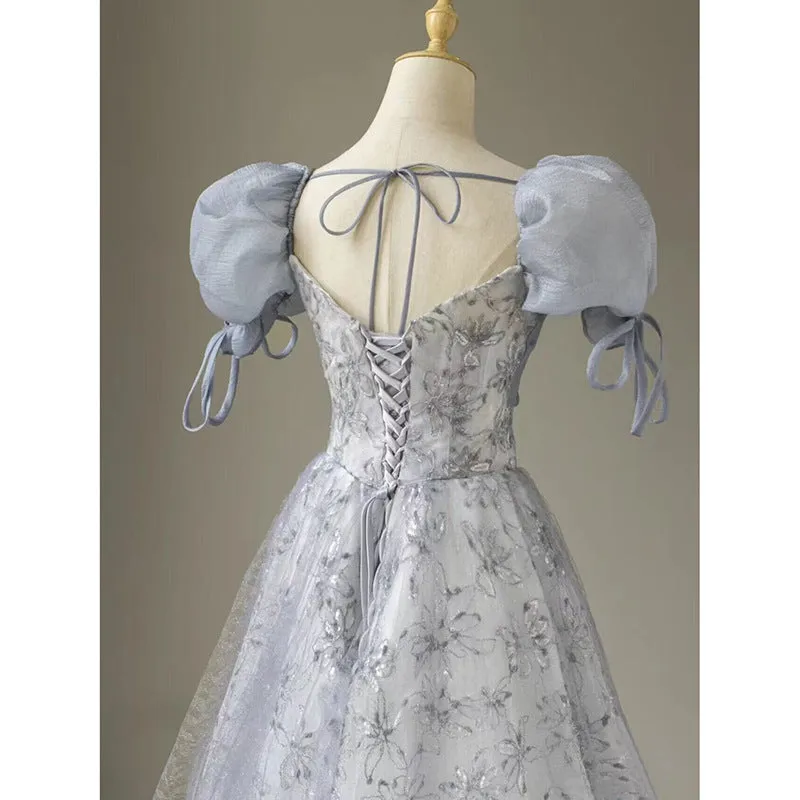 Cute Floral Printed Long Prom Dress  A Line Puff Sleeves Blue Party Gown  516