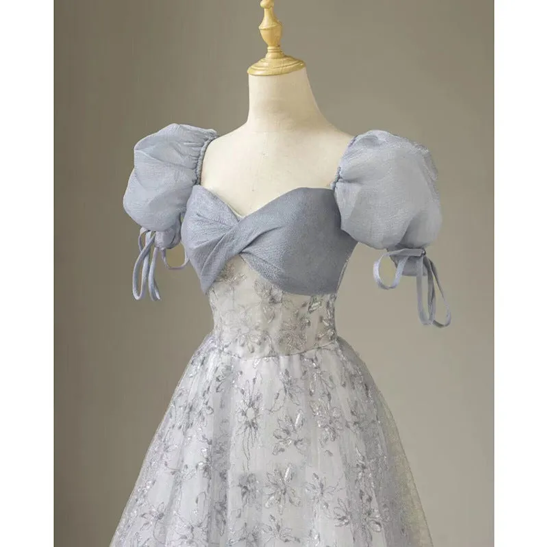 Cute Floral Printed Long Prom Dress  A Line Puff Sleeves Blue Party Gown  516
