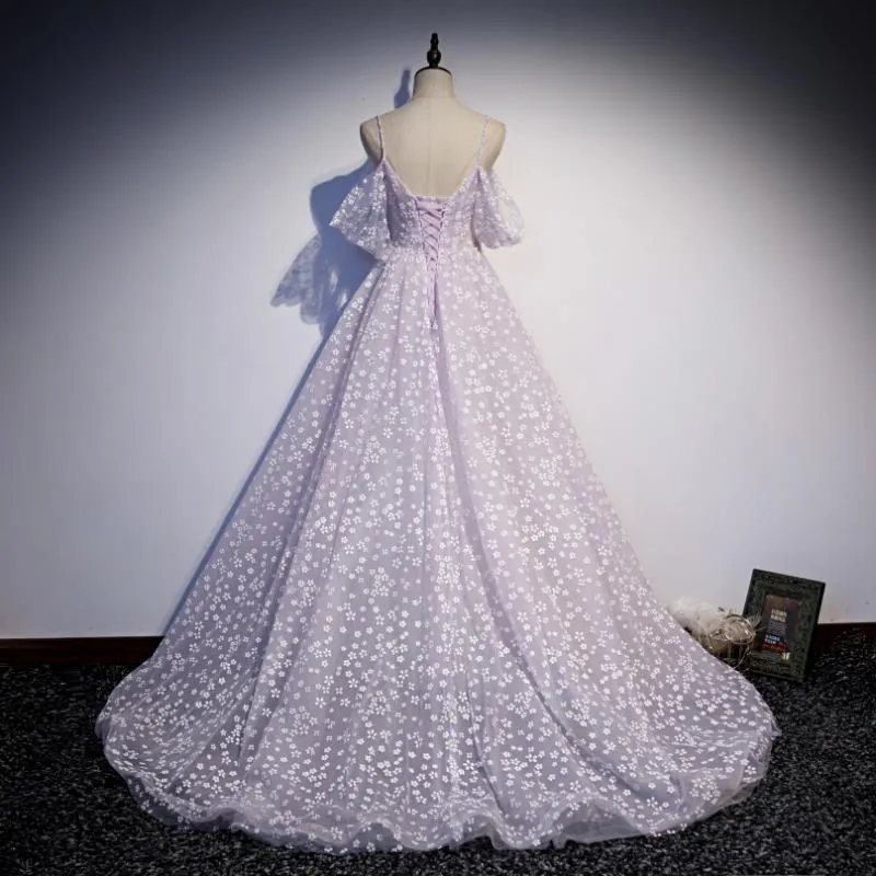 Cute Purple Tulle Prom Dress Off  Shoulder Long Evening Dress Birthday Gown 229