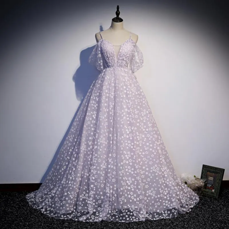 Cute Purple Tulle Prom Dress Off  Shoulder Long Evening Dress Birthday Gown 229