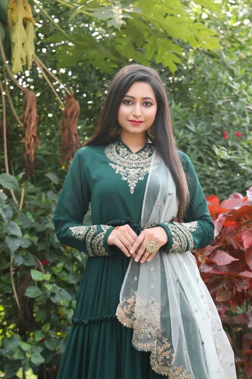 Dupatta-Adorned Green Gown with Ruffles