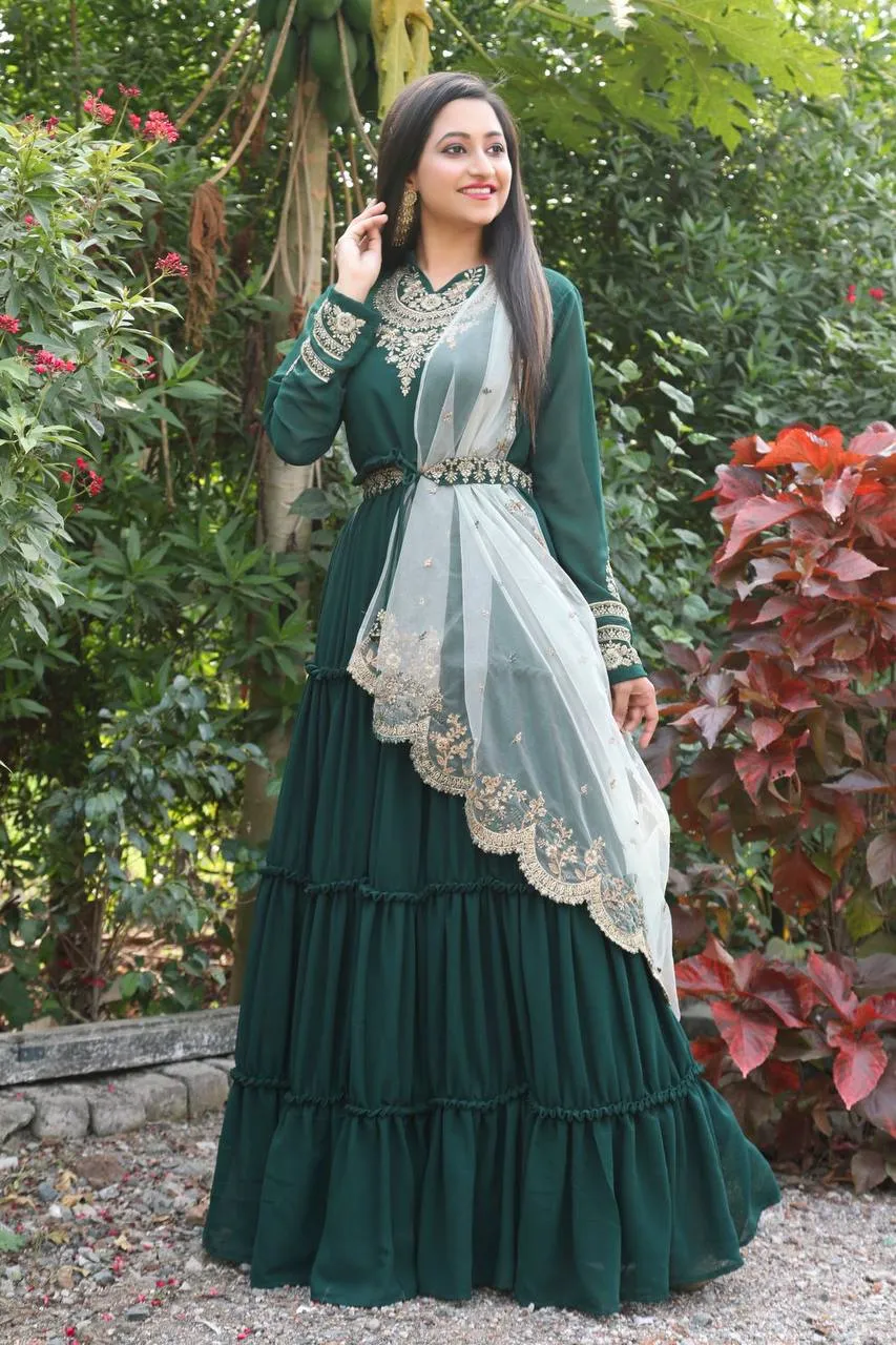 Dupatta-Adorned Green Gown with Ruffles
