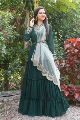 Dupatta-Adorned Green Gown with Ruffles