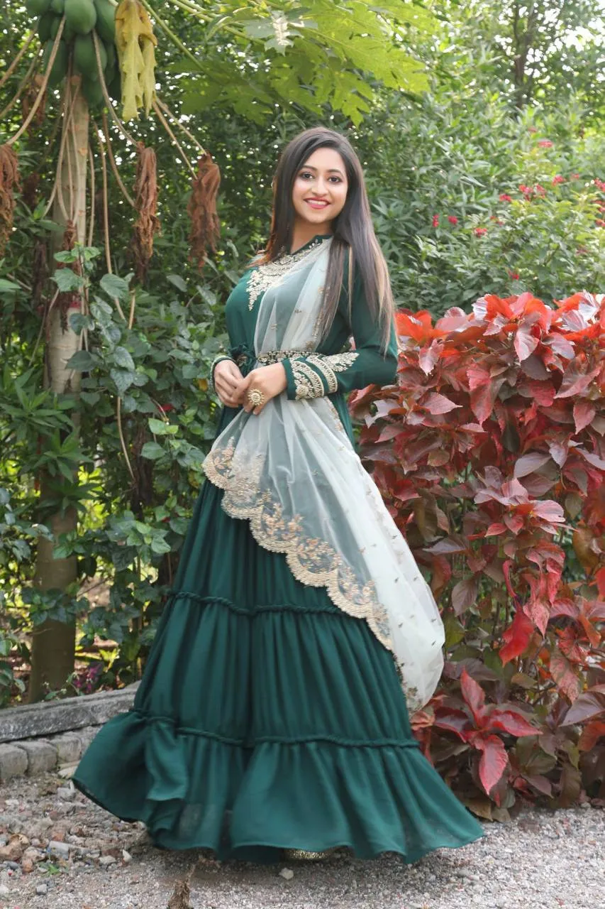 Dupatta-Adorned Green Gown with Ruffles