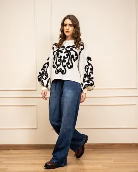 EMBROIDERED KNIT PULLOVER-BEIGE