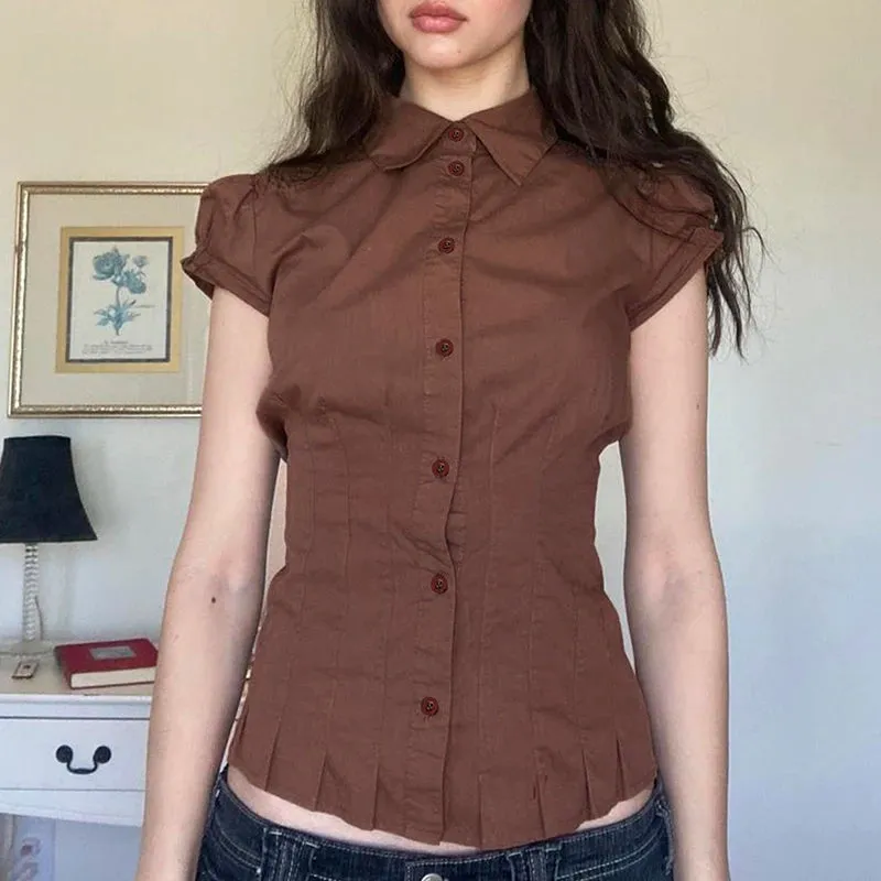 Fashion Chic Brown Summer Shirts Female Folds Slim-Waist Vintage Y2K Top Buttons Pleated Blouse Cropped Clothes 2024