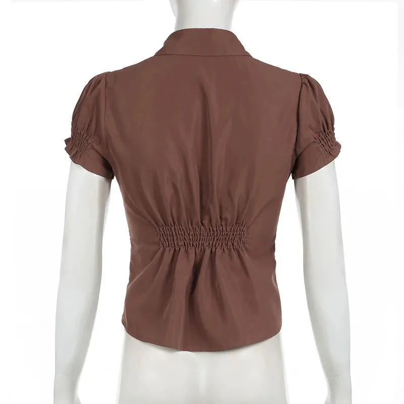 Fashion Chic Brown Summer Shirts Female Folds Slim-Waist Vintage Y2K Top Buttons Pleated Blouse Cropped Clothes 2024