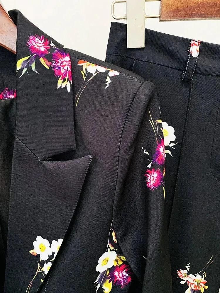 Floral Pant Suit - Notched Collar Women Trouser Suit