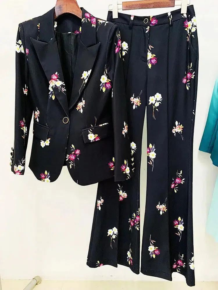 Floral Pant Suit - Notched Collar Women Trouser Suit