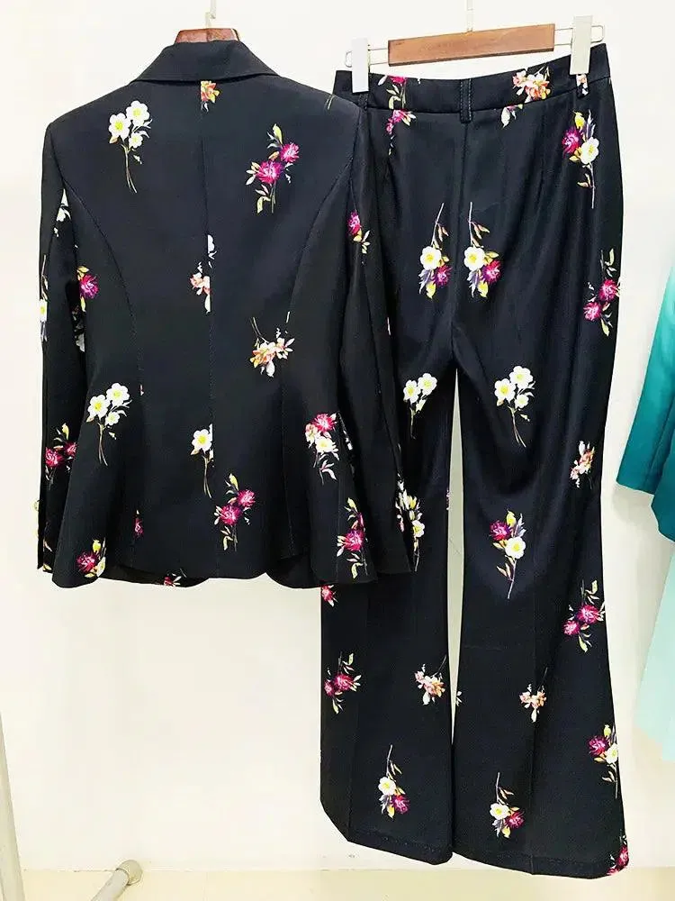 Floral Pant Suit - Notched Collar Women Trouser Suit