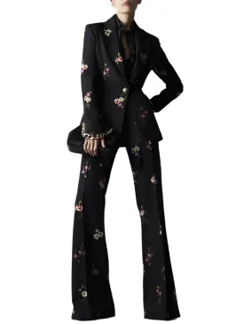 Floral Pant Suit - Notched Collar Women Trouser Suit