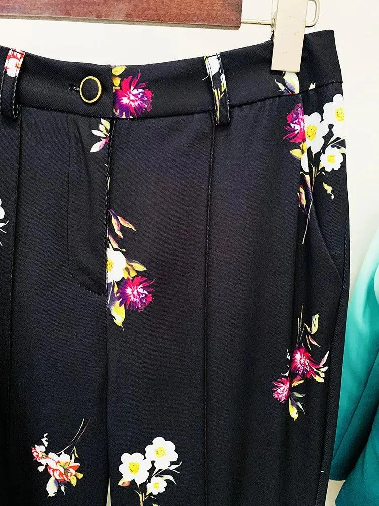Floral Pant Suit - Notched Collar Women Trouser Suit