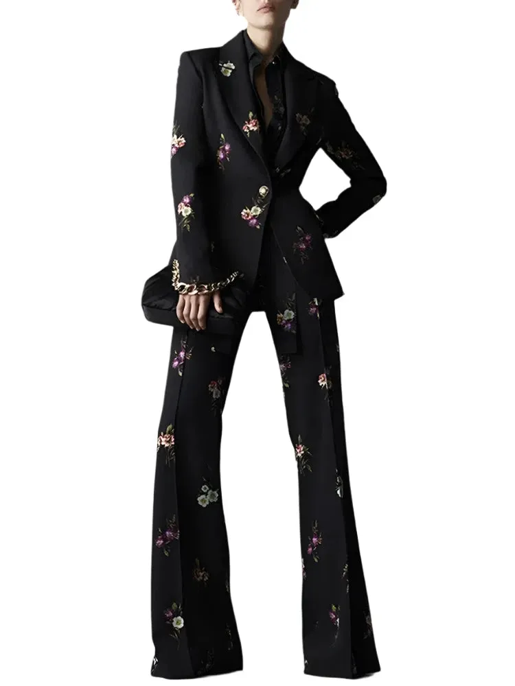 Floral Pant Suit - Notched Collar Women Trouser Suit