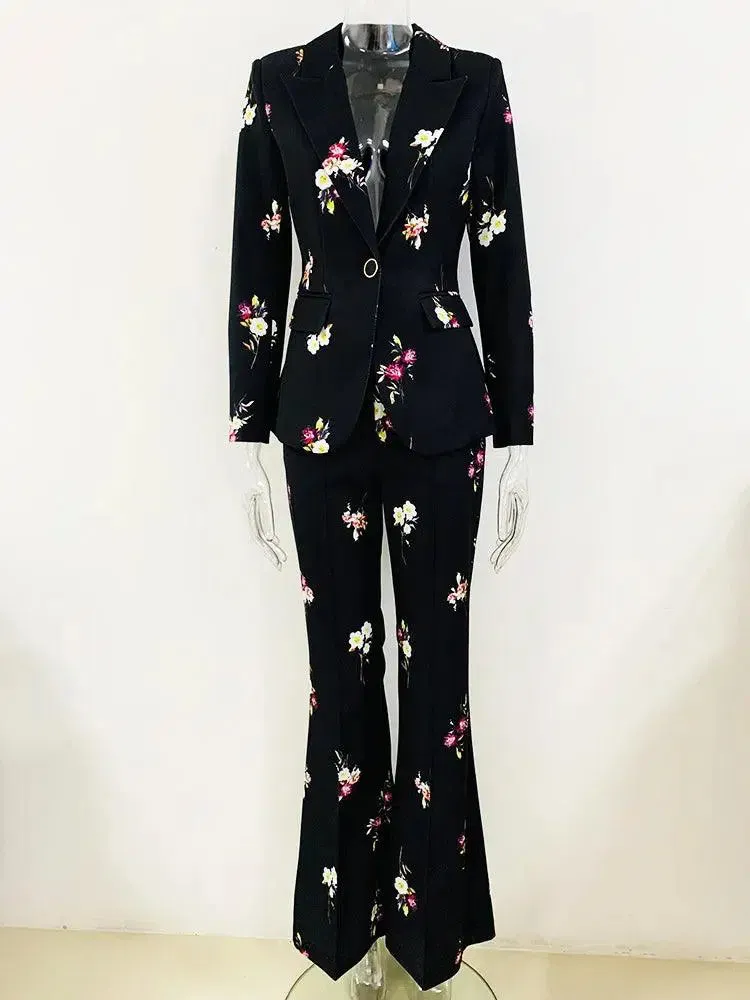 Floral Pant Suit - Notched Collar Women Trouser Suit