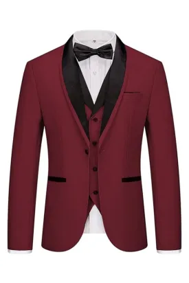 Giies Stylish Burgundy Shawl Collar Three-Piece Wedding Suit