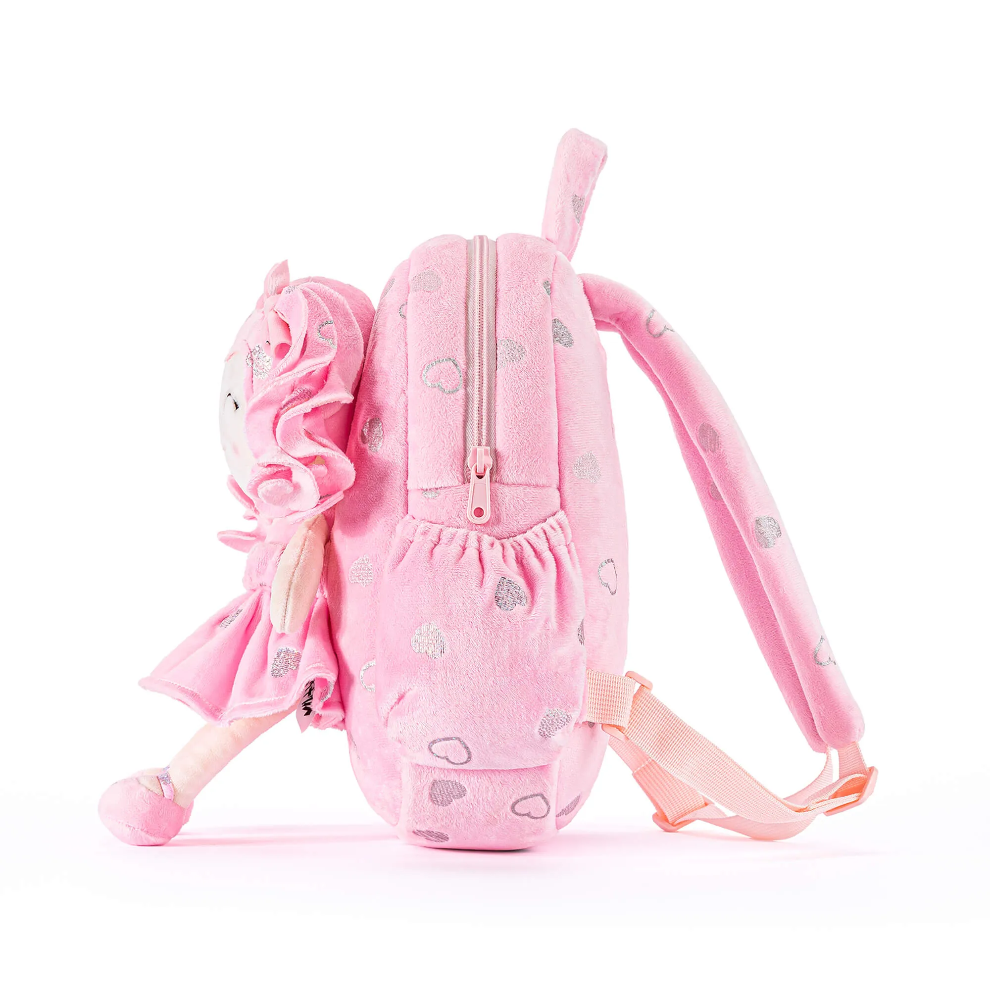 Gloveleya 11-inch Toddler Girl Backpack Plush Kindergarten Backpacks with 12-inch Curly Hair Ironing Silver Heart Doll Rose