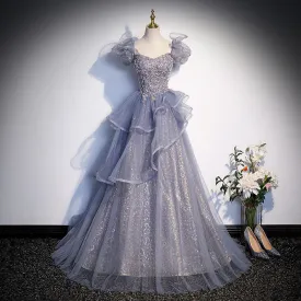 Gray A Line Shiny Prom Dress Puff Sleeves Formal Evening Dress Sweet Party Dress 583