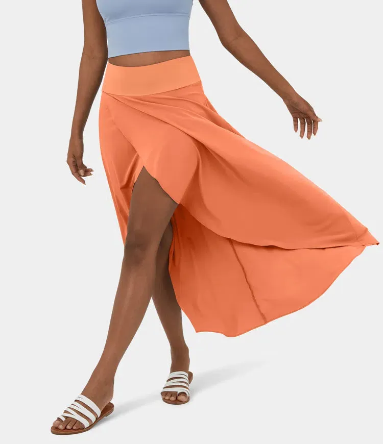 High Waisted High Low Ruffle 2-in-1 Flowy Quick Dry Casual Regular Maxi Skirt