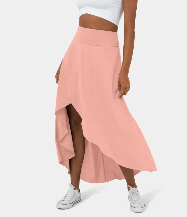 High Waisted High Low Ruffle 2-in-1 Flowy Quick Dry Casual Regular Maxi Skirt