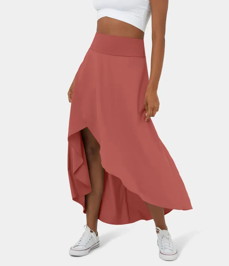 High Waisted High Low Ruffle 2-in-1 Flowy Quick Dry Casual Regular Maxi Skirt