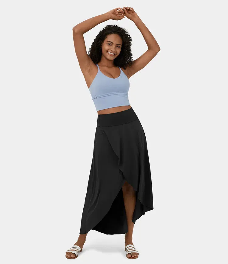 High Waisted High Low Ruffle 2-in-1 Flowy Quick Dry Casual Regular Maxi Skirt
