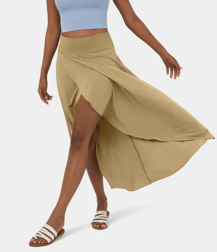 High Waisted High Low Ruffle 2-in-1 Flowy Quick Dry Casual Regular Maxi Skirt