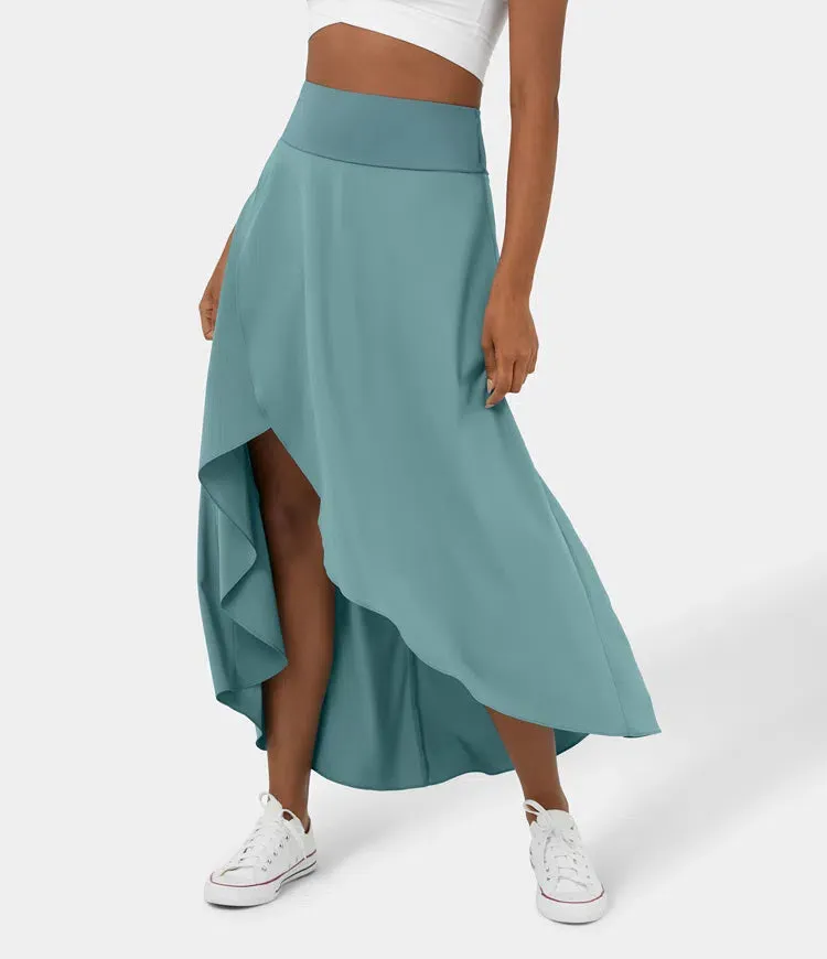 High Waisted High Low Ruffle 2-in-1 Flowy Quick Dry Casual Regular Maxi Skirt