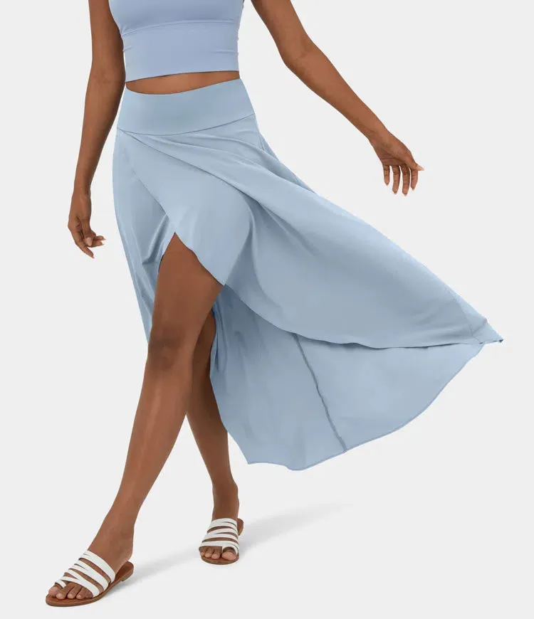 High Waisted High Low Ruffle 2-in-1 Flowy Quick Dry Casual Regular Maxi Skirt