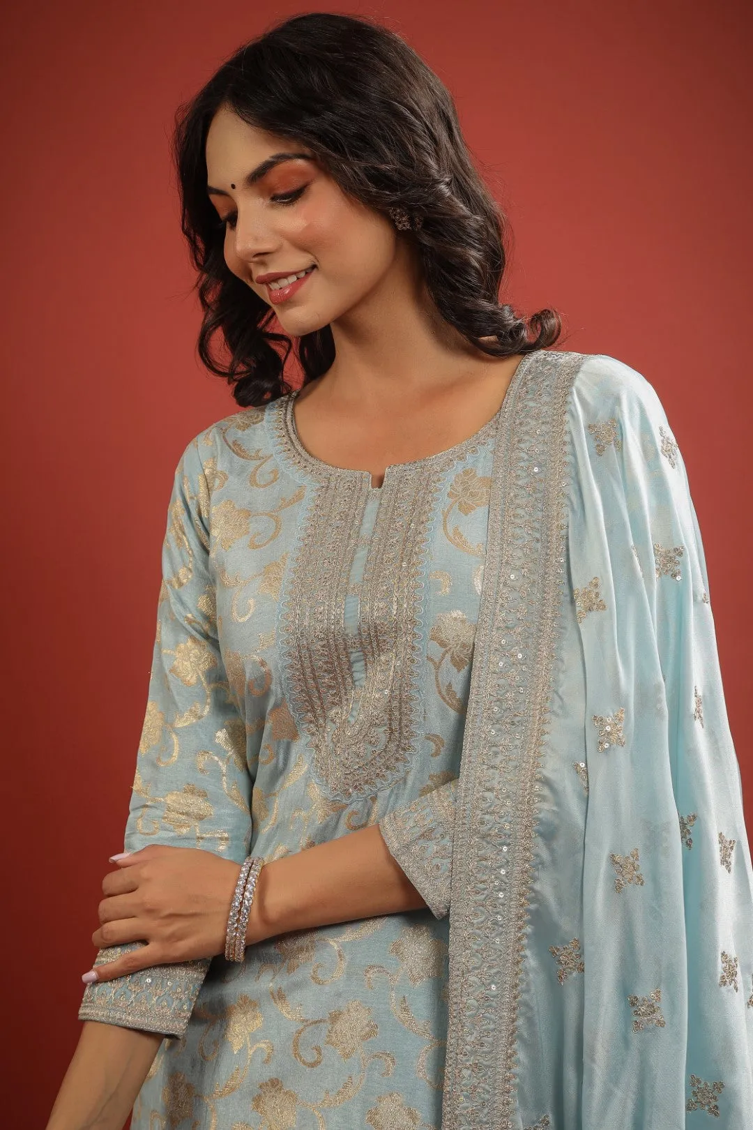 Ice Blue Zari Embroidered Silk Palazzo Set