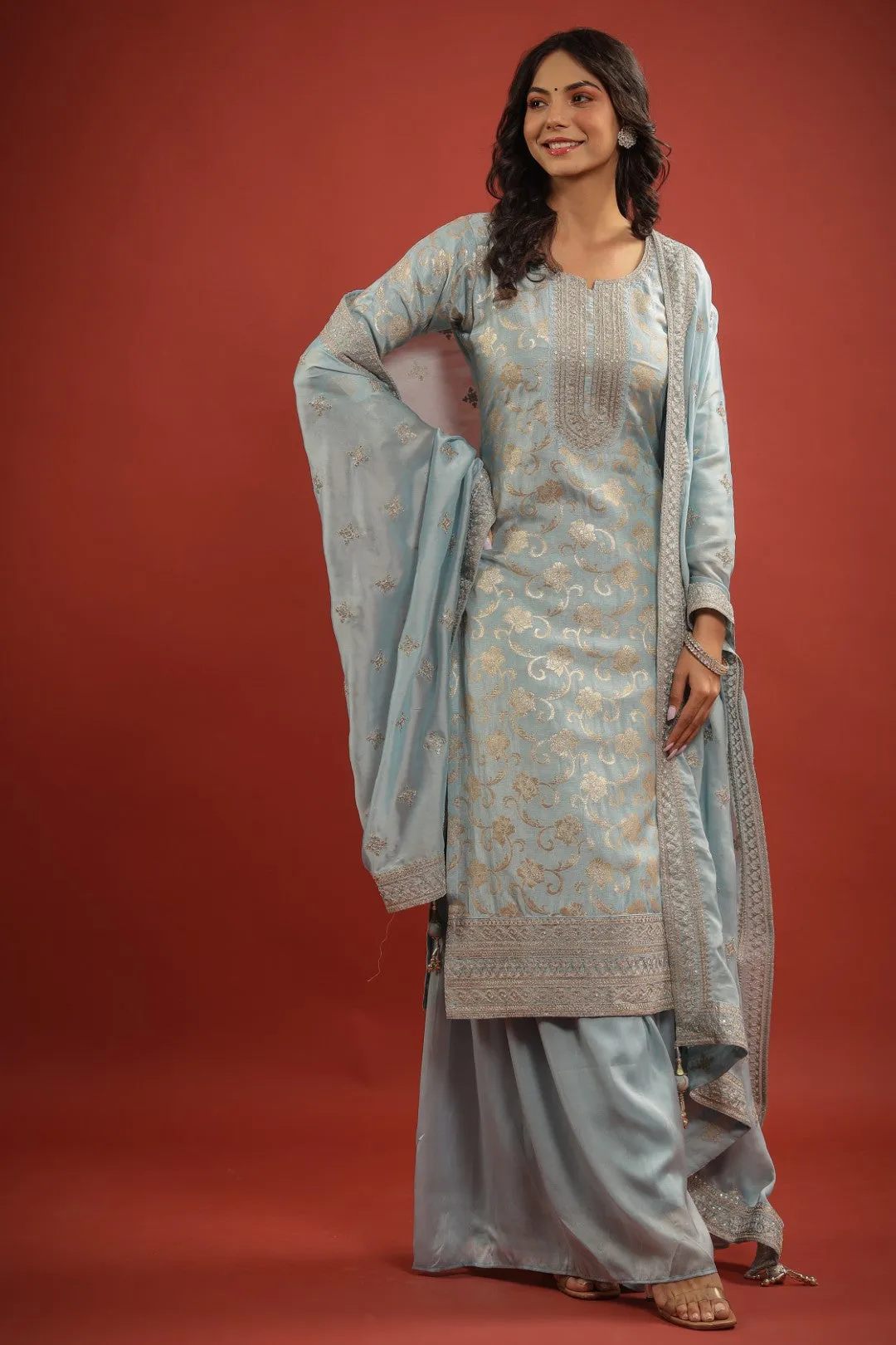 Ice Blue Zari Embroidered Silk Palazzo Set