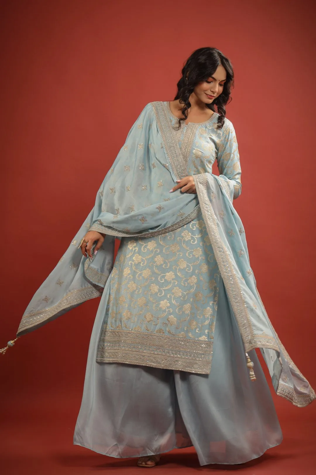 Ice Blue Zari Embroidered Silk Palazzo Set