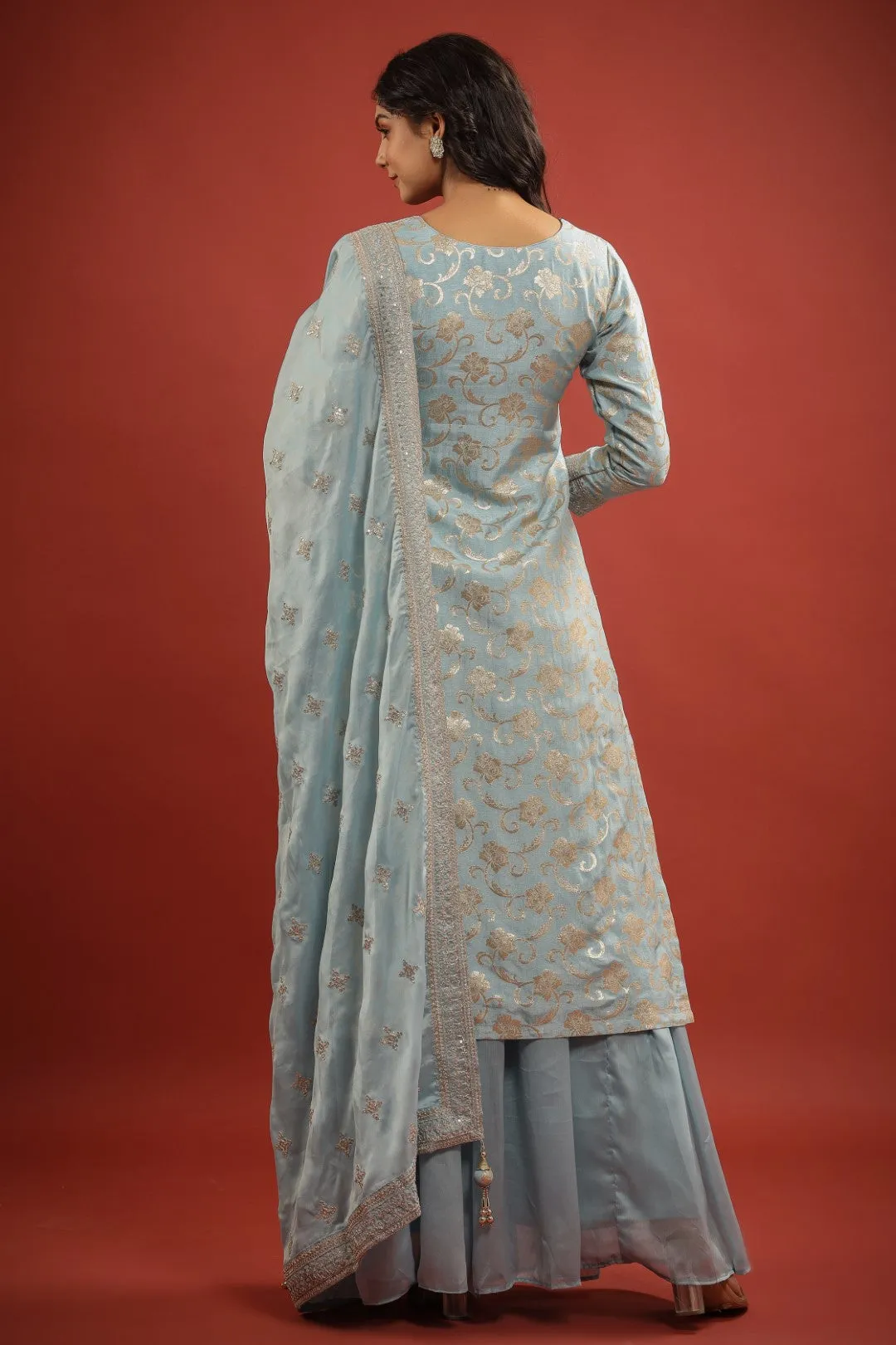 Ice Blue Zari Embroidered Silk Palazzo Set