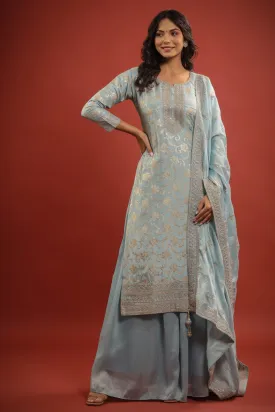 Ice Blue Zari Embroidered Silk Palazzo Set